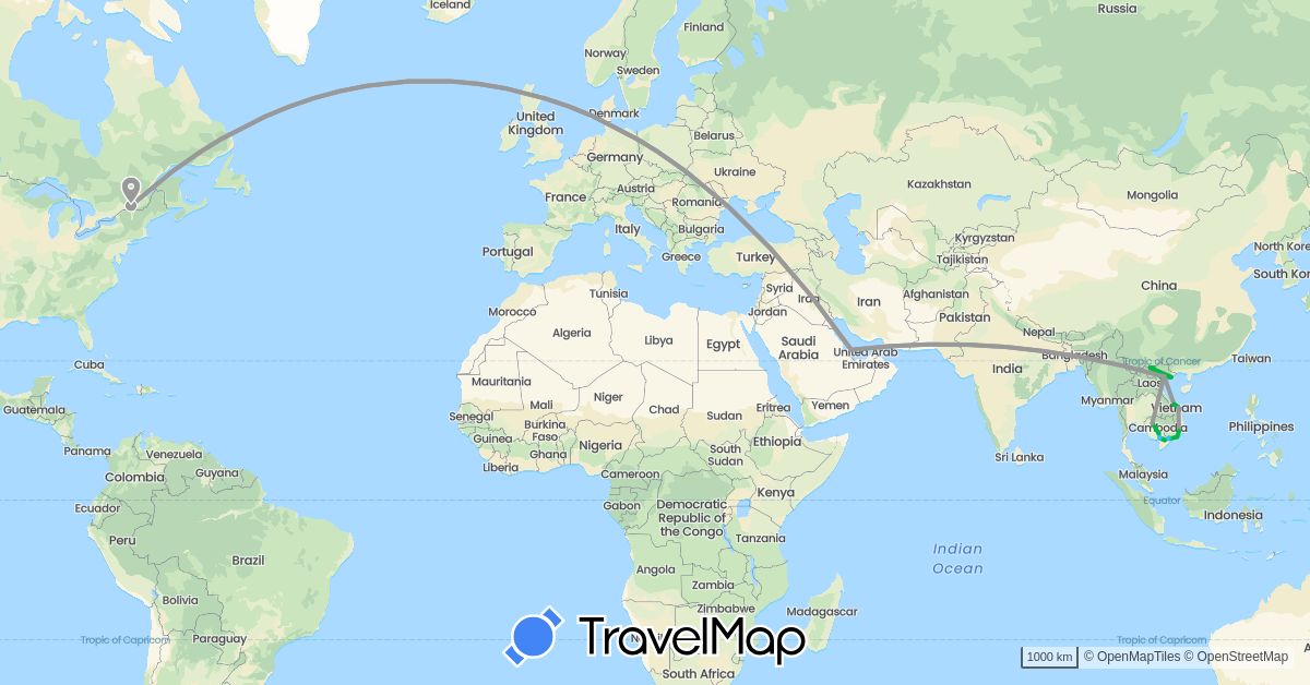 TravelMap itinerary: driving, bus, plane, boat in Canada, Cambodia, Qatar, Vietnam (Asia, North America)